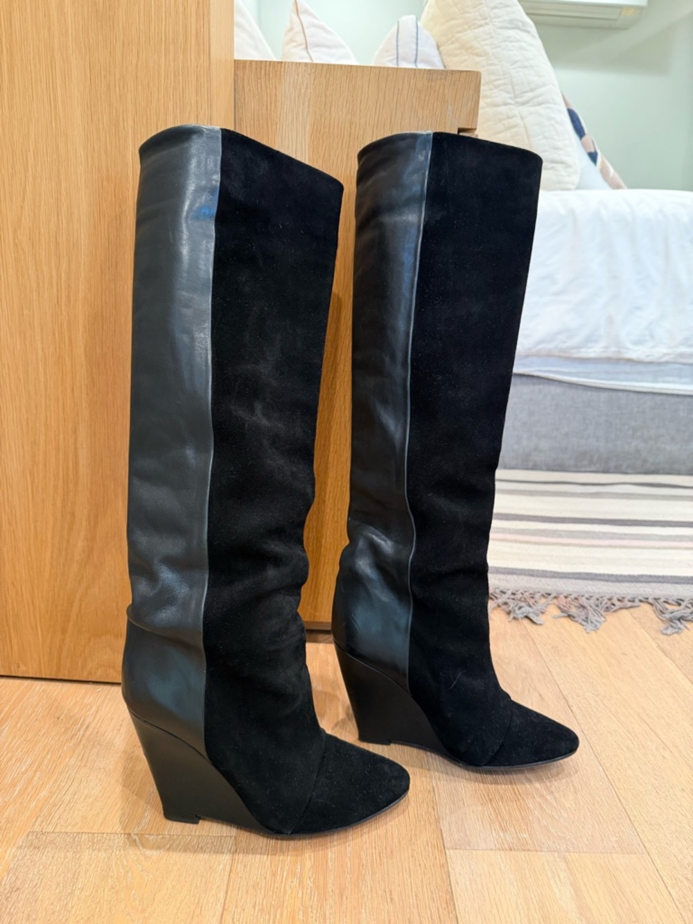 Black Suede & Leather Wedge Knee-High Boots